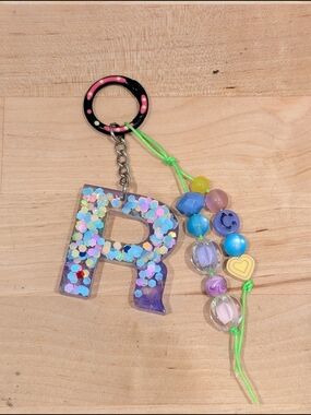 Personalized Keychain - Purple Glitter 'R' with Bead Charm